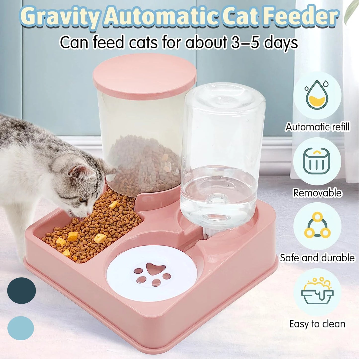 Automatic Cat Feeder Water Dispenser Set, 2 In 1 Tilted Automatic Pet Food And Water Feeder Gravity Food Feeder and Waterer